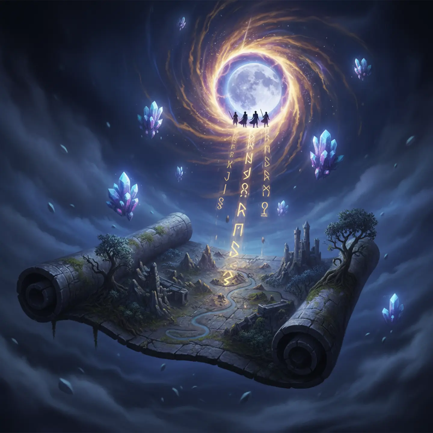Glowing magical portal opening into a vast fantasy landscape